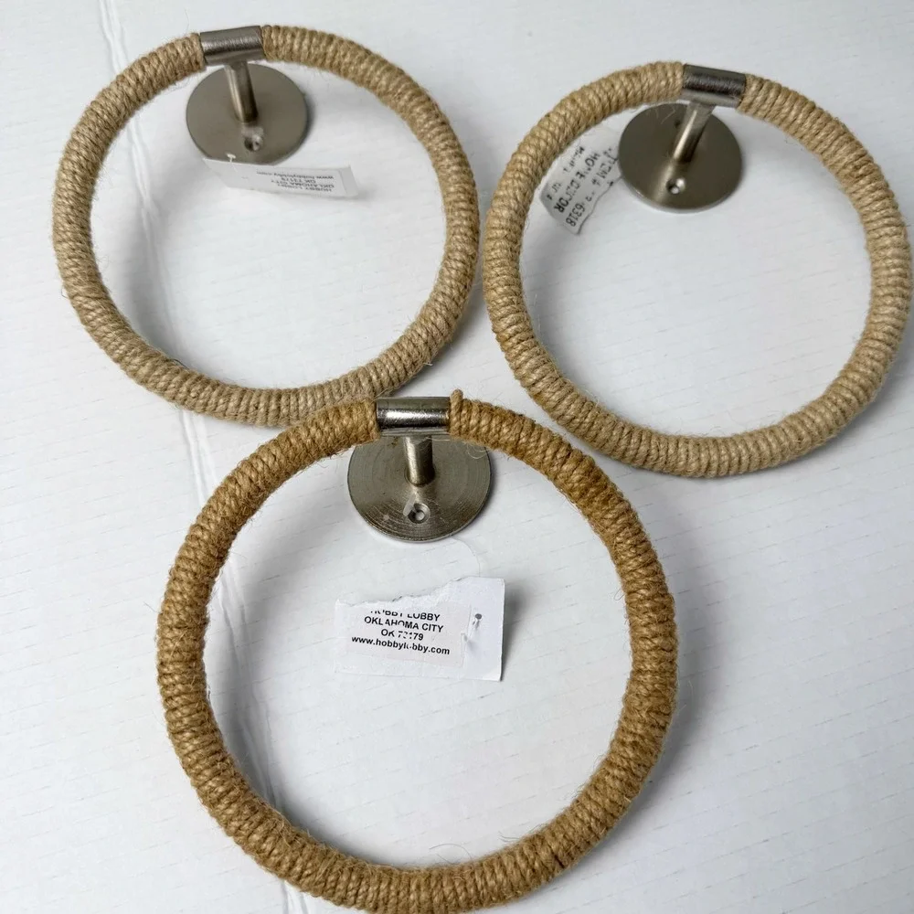 New Hobby Lobby Jute Rope Towel Rings Set of 3 Nautical Coastal Silver Mounting